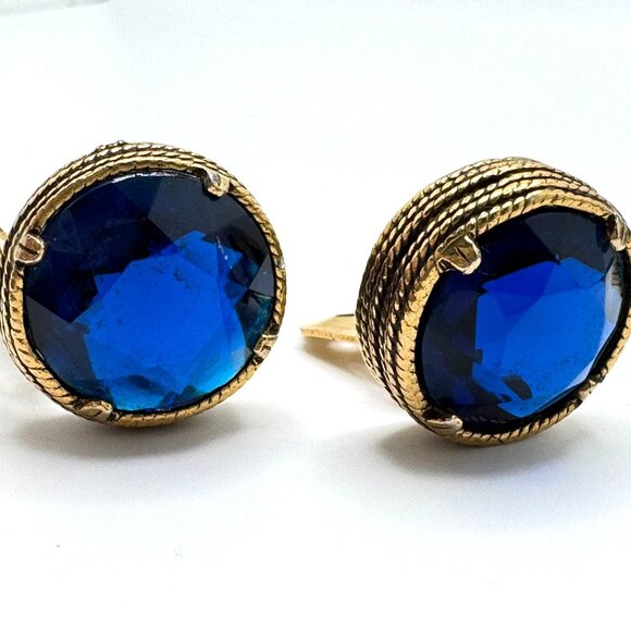 Cobalt Blue Earrings Vintage Crystal Textured Gold Tone Round Clip-On - Picture 12 of 13